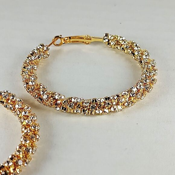 Gold Tone Metal White Colorless Rhinestones Hoop Statement Fashion Earrings - Picture 6 of 16